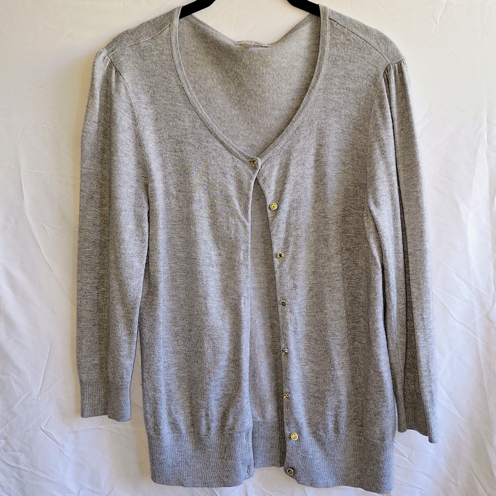 Light Gray V-Neck Button-Front Women's Sweater Cardigan With Jeweled Buttons
